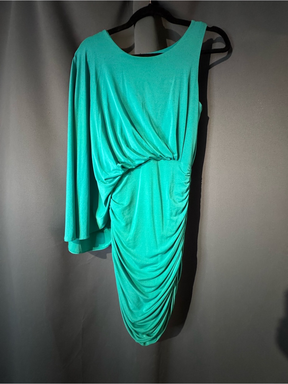 BCBG Teal One Sleeve Ruched Dress – Size XS